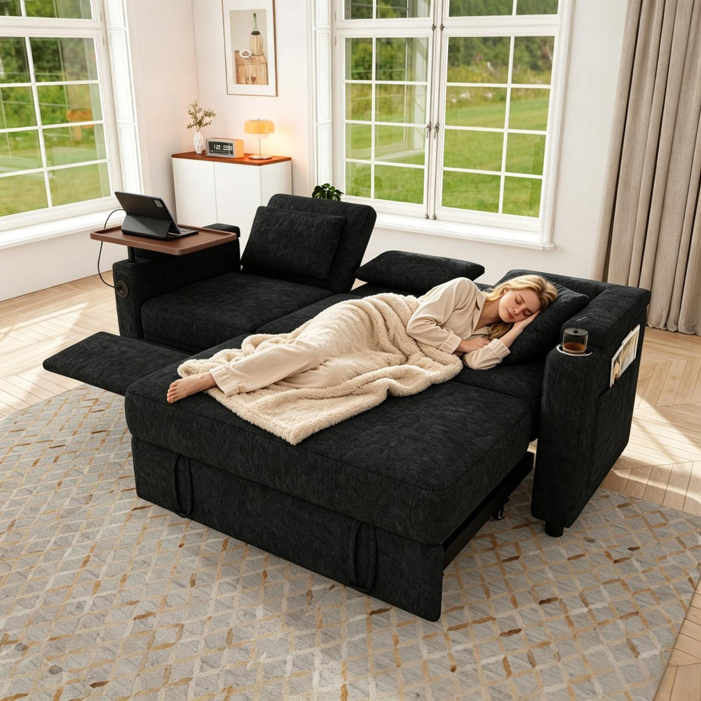 English Elm 81-inch Chenille Convertible Sleeper Sofa with Power Recliner Usb Ports Storage Armrests Black W2564S00153