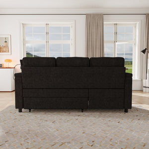 English Elm 81-inch Chenille Convertible Sleeper Sofa with Power Recliner Usb Ports Storage Armrests Black W2564S00153