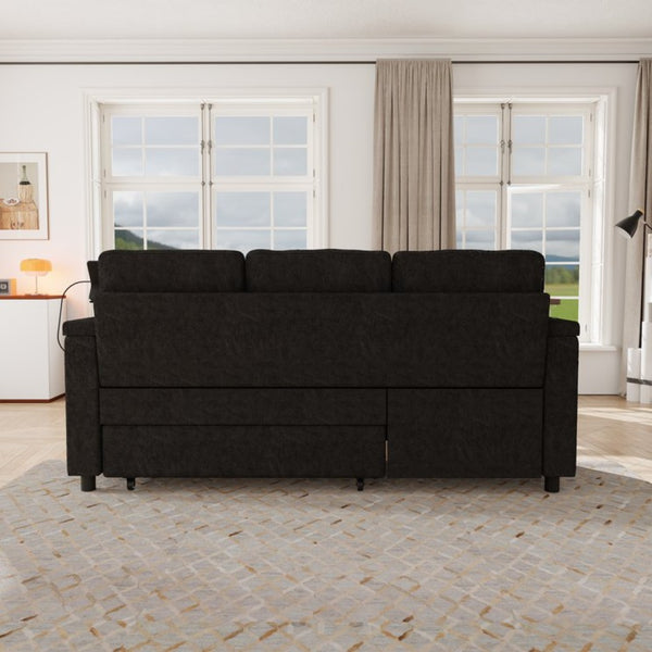 English Elm 81-inch Chenille Convertible Sleeper Sofa with Power Recliner Usb Ports Storage Armrests Black W2564S00153