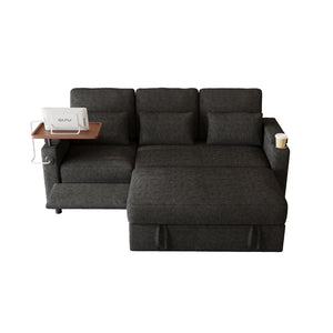 English Elm 81-inch Chenille Convertible Sleeper Sofa with Power Recliner Usb Ports Storage Armrests Black W2564S00153