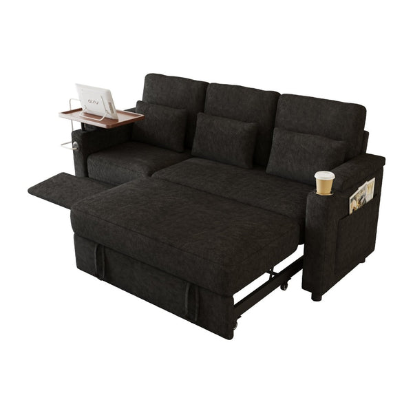 English Elm 81-inch Chenille Convertible Sleeper Sofa with Power Recliner Usb Ports Storage Armrests Black W2564S00153