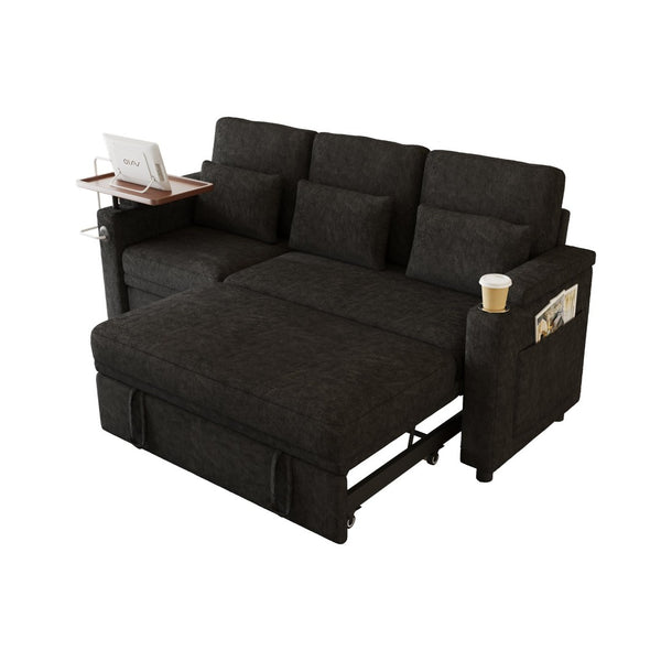 English Elm 81-inch Chenille Convertible Sleeper Sofa with Power Recliner Usb Ports Storage Armrests Black W2564S00153
