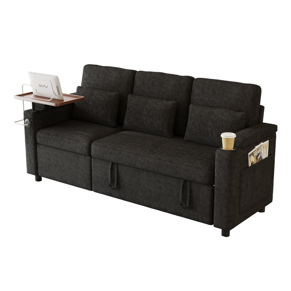 English Elm 81-inch Chenille Convertible Sleeper Sofa with Power Recliner Usb Ports Storage Armrests Black W2564S00153