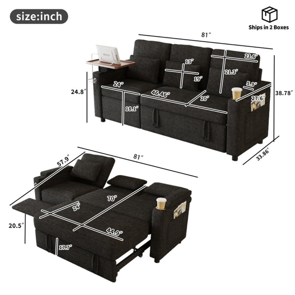 English Elm 81-inch Chenille Convertible Sleeper Sofa with Power Recliner Usb Ports Storage Armrests Black W2564S00153