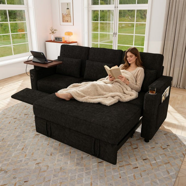 English Elm 81-inch Chenille Convertible Sleeper Sofa with Power Recliner Usb Ports Storage Armrests Black W2564S00153