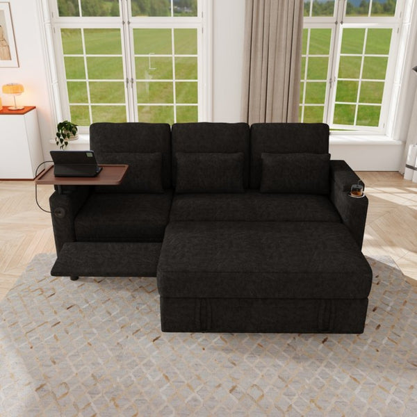 English Elm 81-inch Chenille Convertible Sleeper Sofa with Power Recliner Usb Ports Storage Armrests Black W2564S00153