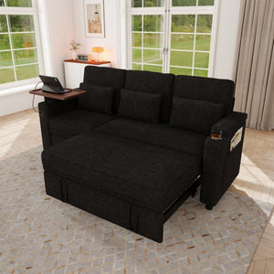 English Elm 81-inch Chenille Convertible Sleeper Sofa with Power Recliner Usb Ports Storage Armrests Black W2564S00153