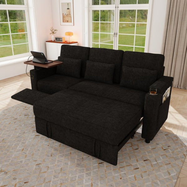 English Elm 81-inch Chenille Convertible Sleeper Sofa with Power Recliner Usb Ports Storage Armrests Black W2564S00153