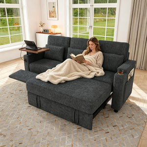 English Elm 81-inch Chenille Convertible Sleeper Sofa with Power Recliner Usb Ports Storage Armrests Dark Gray W2564S00154