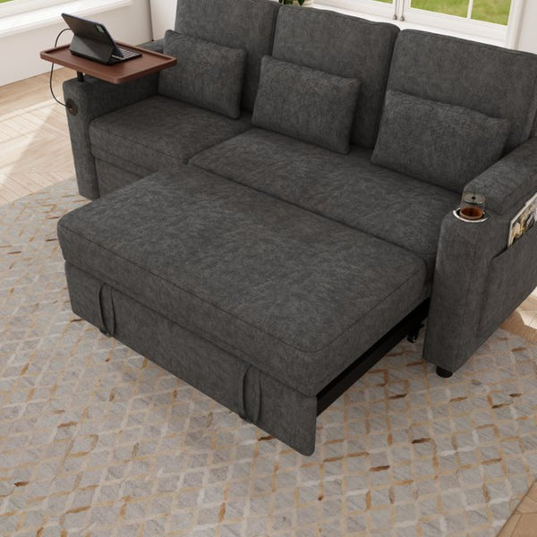 English Elm 81-inch Chenille Convertible Sleeper Sofa with Power Recliner Usb Ports Storage Armrests Dark Gray W2564S00154