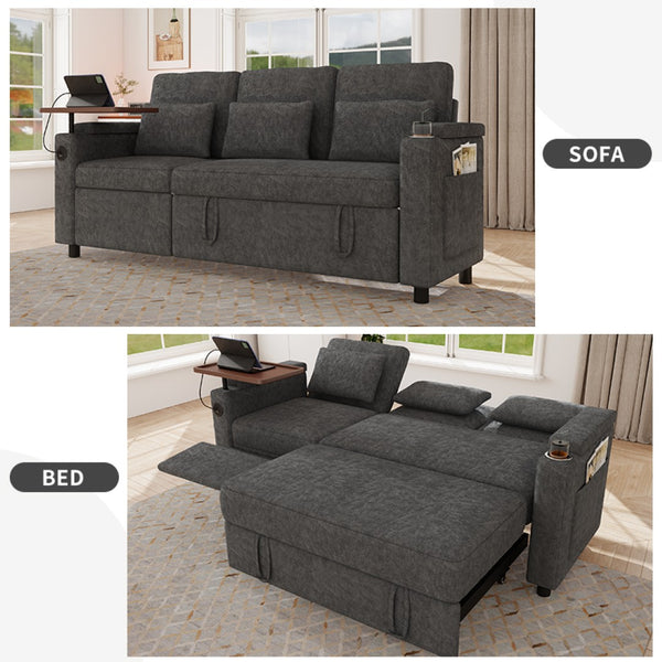 English Elm 81-inch Chenille Convertible Sleeper Sofa with Power Recliner Usb Ports Storage Armrests Dark Gray W2564S00154