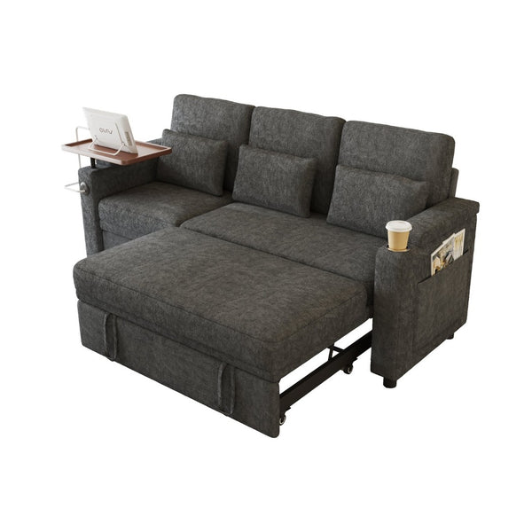 English Elm 81-inch Chenille Convertible Sleeper Sofa with Power Recliner Usb Ports Storage Armrests Dark Gray W2564S00154