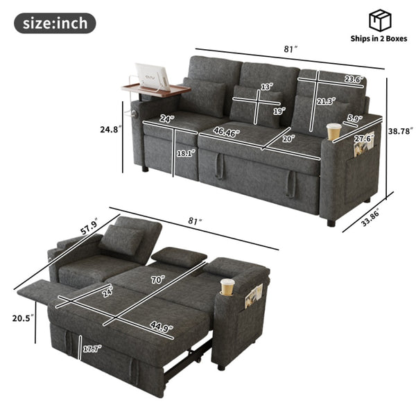 English Elm 81-inch Chenille Convertible Sleeper Sofa with Power Recliner Usb Ports Storage Armrests Dark Gray W2564S00154
