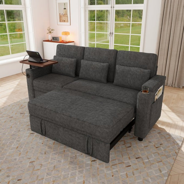 English Elm 81-inch Chenille Convertible Sleeper Sofa with Power Recliner Usb Ports Storage Armrests Dark Gray W2564S00154