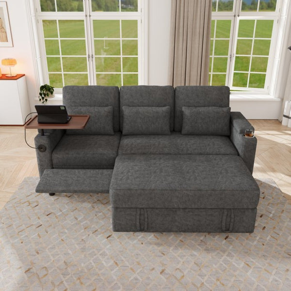 English Elm 81-inch Chenille Convertible Sleeper Sofa with Power Recliner Usb Ports Storage Armrests Dark Gray W2564S00154