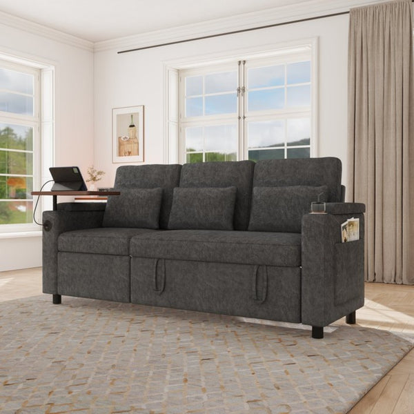 English Elm 81-inch Chenille Convertible Sleeper Sofa with Power Recliner Usb Ports Storage Armrests Dark Gray W2564S00154