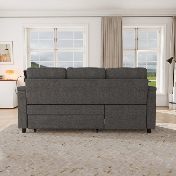 English Elm 81-inch Chenille Convertible Sleeper Sofa with Power Recliner Usb Ports Storage Armrests Dark Gray W2564S00154