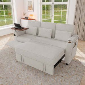 English Elm 81-inch Chenille Convertible Sleeper Sofa with Power Recliner Usb Ports Storage Armrests Off White W2564S00155