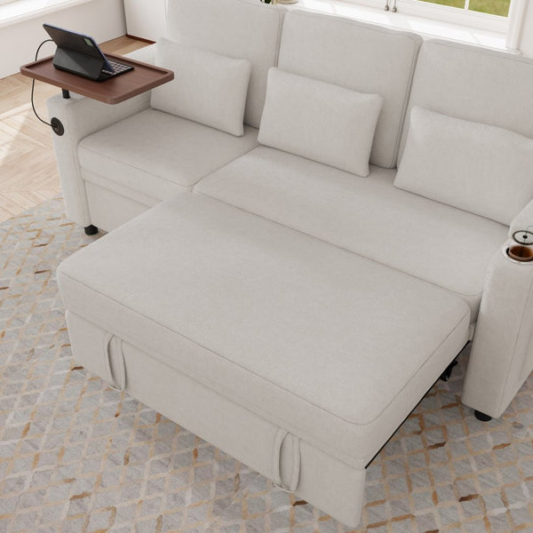 English Elm 81-inch Chenille Convertible Sleeper Sofa with Power Recliner Usb Ports Storage Armrests Off White W2564S00155