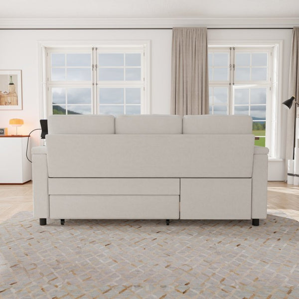 English Elm 81-inch Chenille Convertible Sleeper Sofa with Power Recliner Usb Ports Storage Armrests Off White W2564S00155