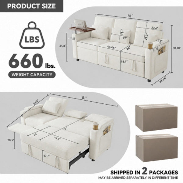 English Elm 81-inch Chenille Convertible Sleeper Sofa with Power Recliner Usb Ports Storage Armrests Off White W2564S00155