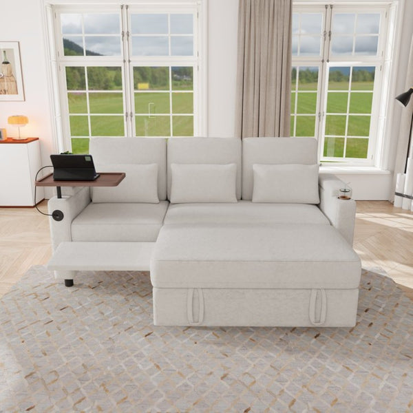 English Elm 81-inch Chenille Convertible Sleeper Sofa with Power Recliner Usb Ports Storage Armrests Off White W2564S00155