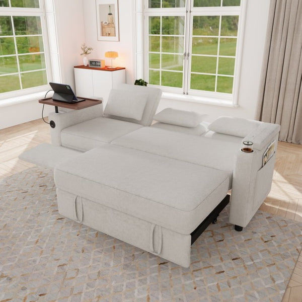 English Elm 81-inch Chenille Convertible Sleeper Sofa with Power Recliner Usb Ports Storage Armrests Off White W2564S00155