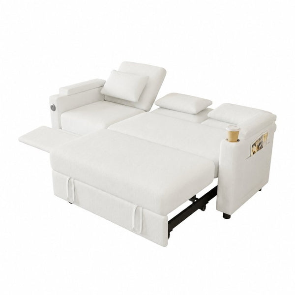 English Elm 81-inch Chenille Convertible Sleeper Sofa with Power Recliner Usb Ports Storage Armrests Off White W2564S00155
