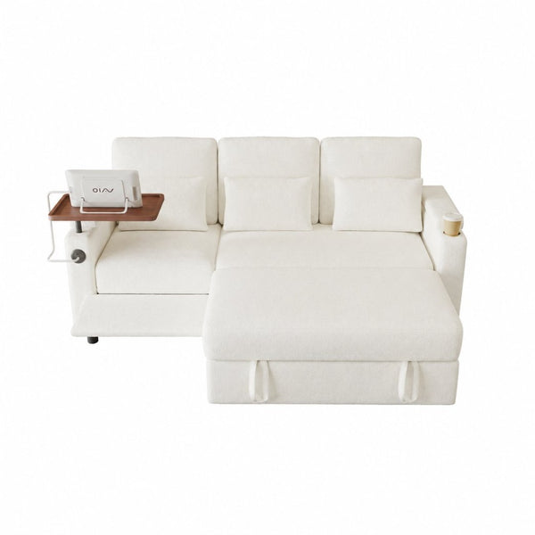 English Elm 81-inch Chenille Convertible Sleeper Sofa with Power Recliner Usb Ports Storage Armrests Off White W2564S00155