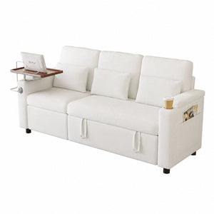 English Elm 81-inch Chenille Convertible Sleeper Sofa with Power Recliner Usb Ports Storage Armrests Off White W2564S00155
