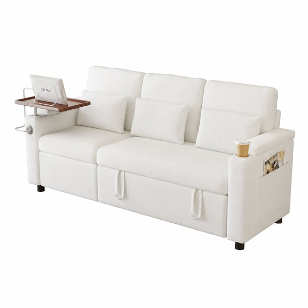 English Elm 81-inch Chenille Convertible Sleeper Sofa with Power Recliner Usb Ports Storage Armrests Off White W2564S00155