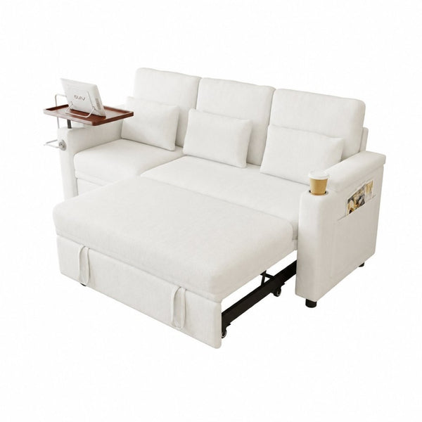 English Elm 81-inch Chenille Convertible Sleeper Sofa with Power Recliner Usb Ports Storage Armrests Off White W2564S00155
