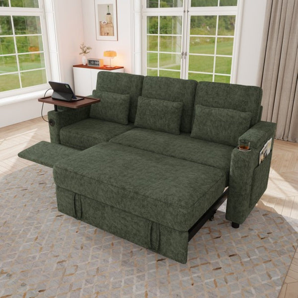 English Elm 81-inch Chenille Convertible Sleeper Sofa with Power Recliner Usb Ports Storage Armrests Green W2564S00156