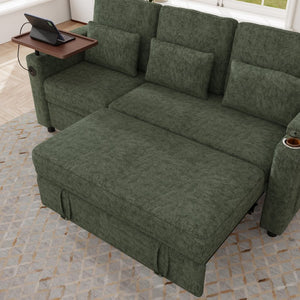 English Elm 81-inch Chenille Convertible Sleeper Sofa with Power Recliner Usb Ports Storage Armrests Green W2564S00156