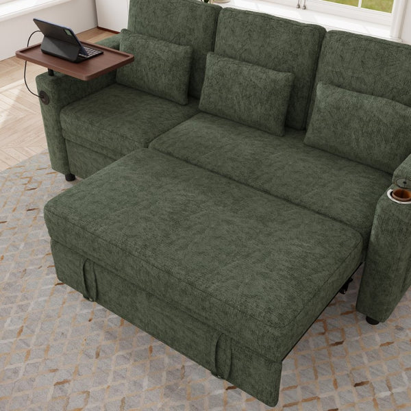 English Elm 81-inch Chenille Convertible Sleeper Sofa with Power Recliner Usb Ports Storage Armrests Green W2564S00156