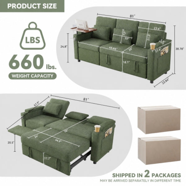 English Elm 81-inch Chenille Convertible Sleeper Sofa with Power Recliner Usb Ports Storage Armrests Green W2564S00156