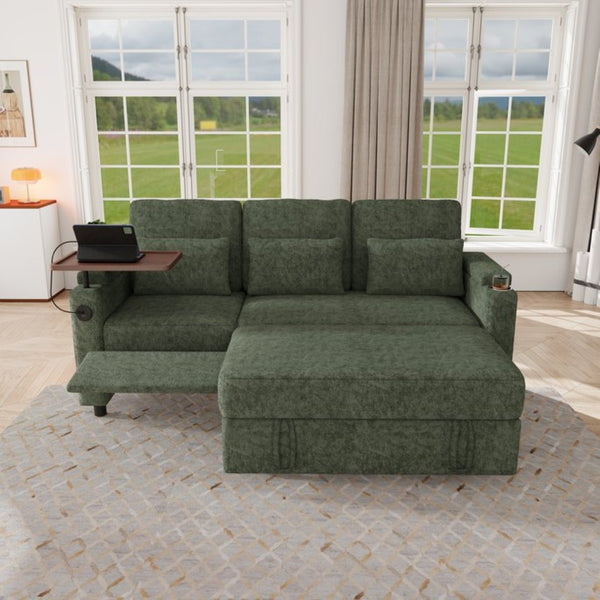 English Elm 81-inch Chenille Convertible Sleeper Sofa with Power Recliner Usb Ports Storage Armrests Green W2564S00156