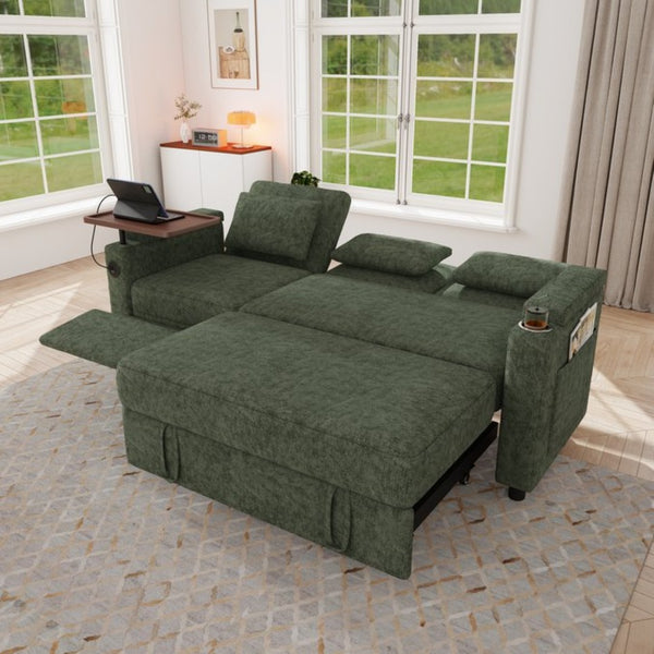 English Elm 81-inch Chenille Convertible Sleeper Sofa with Power Recliner Usb Ports Storage Armrests Green W2564S00156