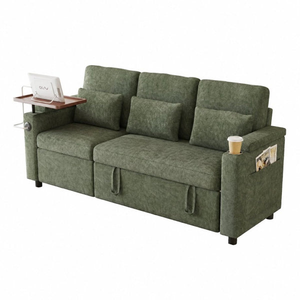 English Elm 81-inch Chenille Convertible Sleeper Sofa with Power Recliner Usb Ports Storage Armrests Green W2564S00156