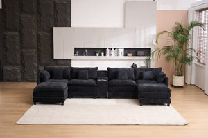 English Elm 141-inch U-shaped Cloud Sectional Woolen Sofa with Console Charging Hub Six Pillows W2564S00157