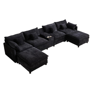 English Elm 141-inch U-shaped Cloud Sectional Woolen Sofa with Console Charging Hub Six Pillows W2564S00157
