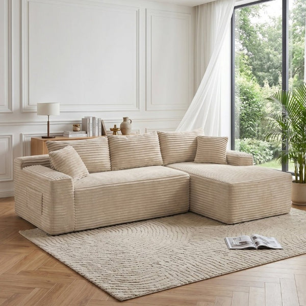 English Elm 107 Inch Corduroy L-Shaped Cloud Sectional Modular Sofa Deep Seat Reversible Chaise W2564S00159