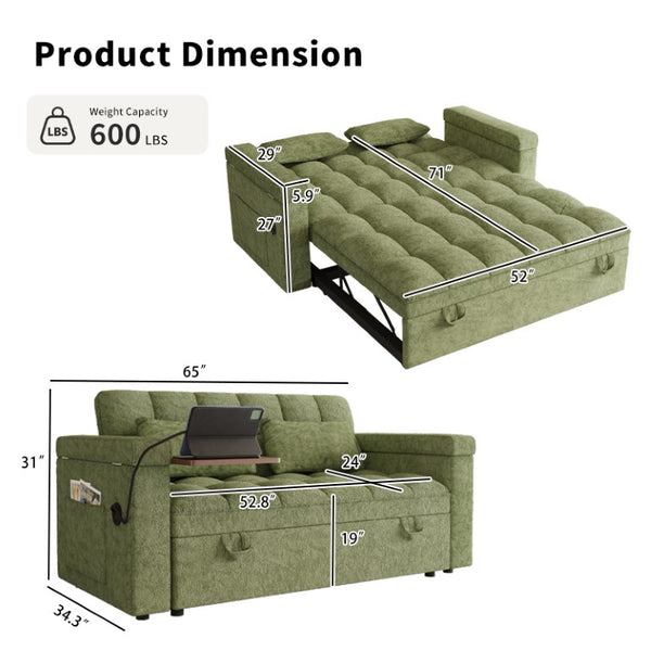 English Elm 65-Inch Velvet Folding Sofa Bed with Adjustable Backrest Storage Bag and Foam Cushioning Green W2564S00164