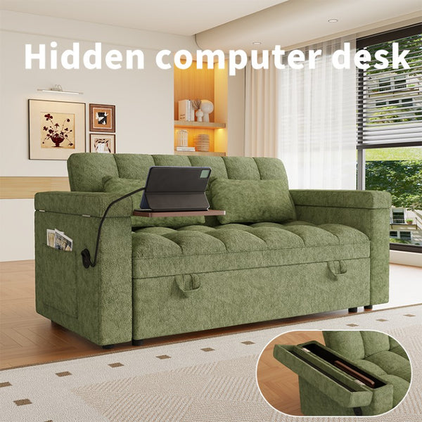 English Elm 65-Inch Velvet Folding Sofa Bed with Adjustable Backrest Storage Bag and Foam Cushioning Green W2564S00164