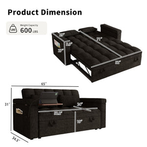 English Elm 65-Inch Velvet Folding Sofa Bed with Adjustable Backrest Storage Bag and Foam Cushioning Black W2564S00165