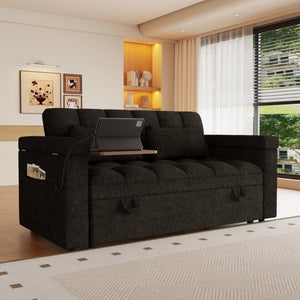 English Elm 65-Inch Velvet Folding Sofa Bed with Adjustable Backrest Storage Bag and Foam Cushioning Black W2564S00165