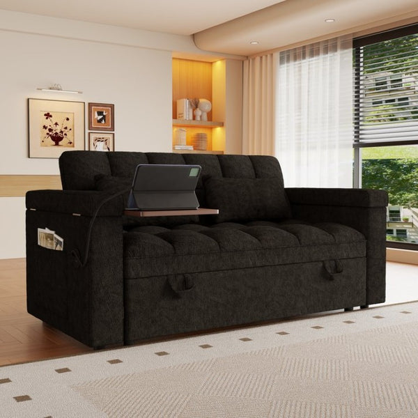 English Elm 65-Inch Velvet Folding Sofa Bed with Adjustable Backrest Storage Bag and Foam Cushioning Black W2564S00165