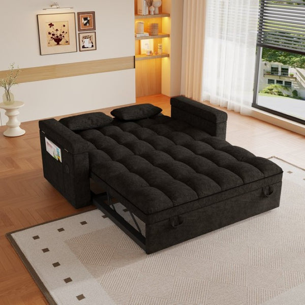 English Elm 65-Inch Velvet Folding Sofa Bed with Adjustable Backrest Storage Bag and Foam Cushioning Black W2564S00165