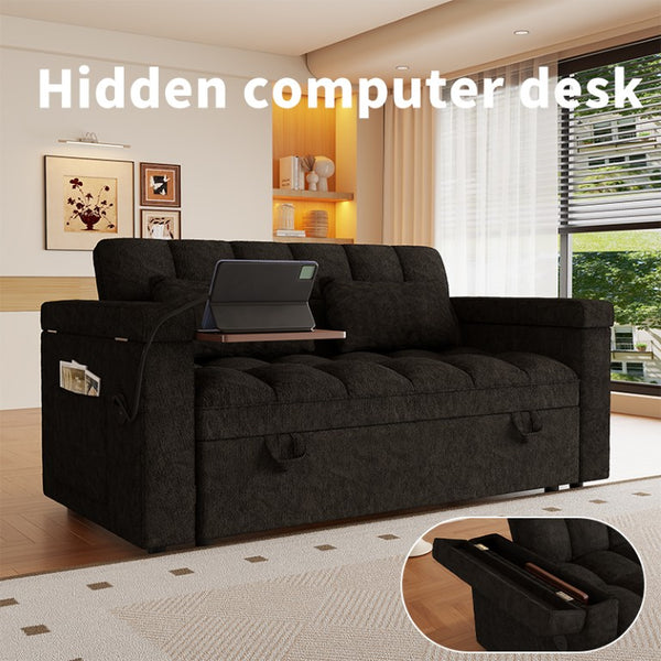 English Elm 65-Inch Velvet Folding Sofa Bed with Adjustable Backrest Storage Bag and Foam Cushioning Black W2564S00165