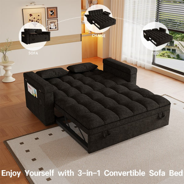 English Elm 65-Inch Velvet Folding Sofa Bed with Adjustable Backrest Storage Bag and Foam Cushioning Black W2564S00165
